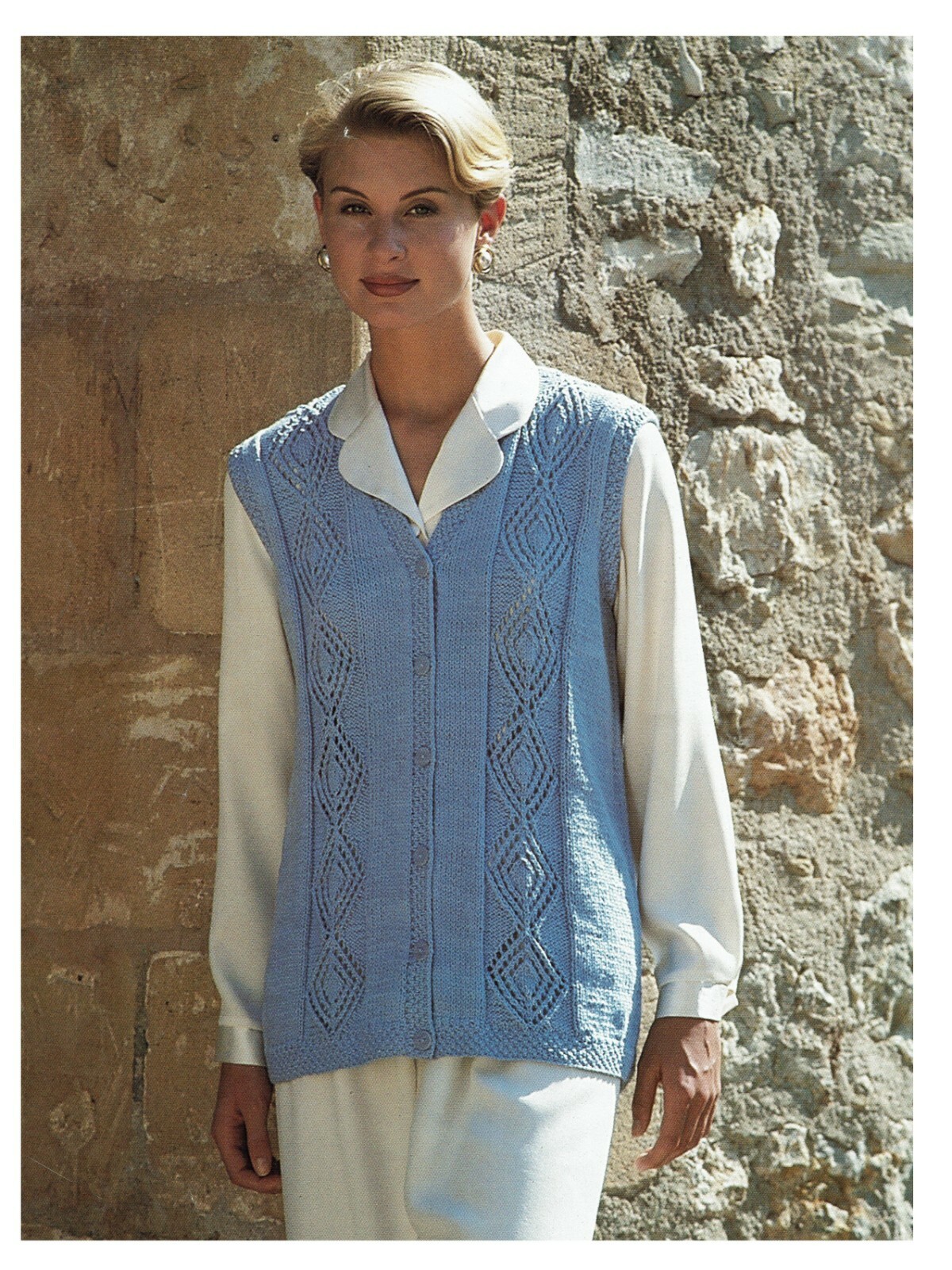 Ladies sleeveless cardigan knitting pattern in DK. Woman's waistcoat