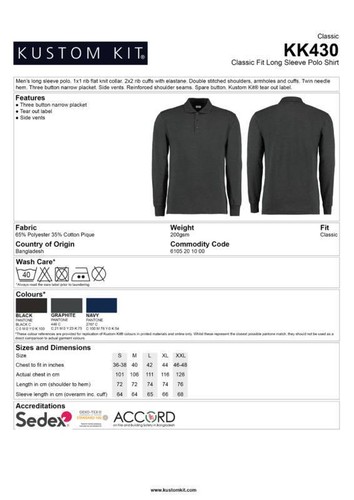 Kustom Kit Classic Fit Long Sleeved Pique Polo Shirt KK430 - Casual Polo Shirt - Picture 2 of 7