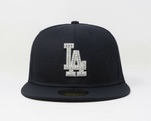 New Era 59Fifty Men Cap Los Angeles Dodgers Dark Navy Blue Bling Ice Fitted Hat - Picture 2 of 5