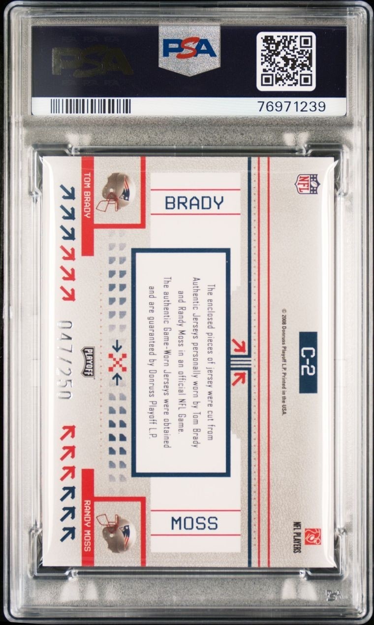 2008 Playoff Prestige TOM BRADY RANDY MOSS Game Worn Dual Patch PSA 10 Gem Mint  view 4