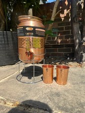 Ayurvedic Pure Copper Half-Hammered 5L Water Dispenser with Metal Stand & Glass