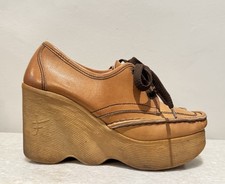 Vtg Sz 7.5 70s Famalore Platform Wedge Heel Oxford Lace Up Shoes Vintage Leather