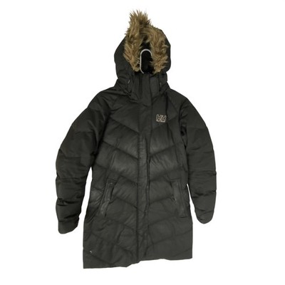 Helly Hansen Down Parka Womens Medium Black Faux Fur Hood Puffer Coat Jacket