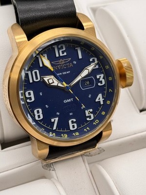 Invicta Aviator Herrenuhr Fliegeruhr 18889 GMT Datum Lederarmband Goldfarben