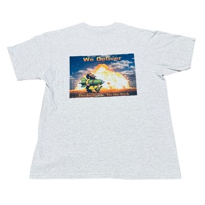 Vintage Shirt Mens XL We Deliver The Best Bang For Buck Bomb Nuke Explosion Grey