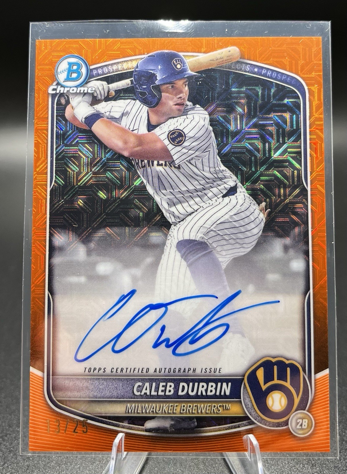 2025 Bowman Chrome Caleb Durbin Mega Orange Mojo Refractor RC Auto Brewers /25