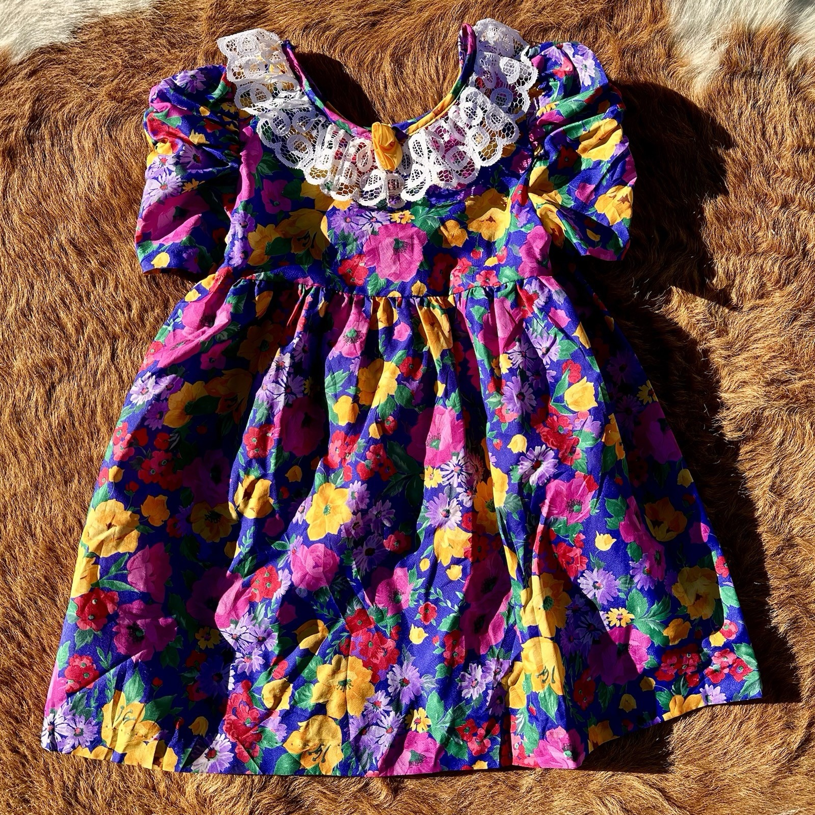Vintage 80s 90s Cuddle Teen Dress Floral Collar Lace Union USA 6X Toddler Party