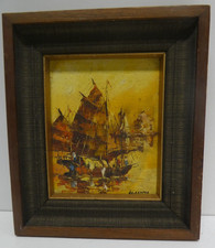 VINTAGE OIL ON BOARD SAILING SHIP SEASCAPE PAINTING SIGNED NK KAMPAN