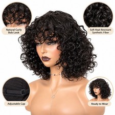 Short Black Curly Bob Synthetic Wig with Bangs for Women Heat Resistant