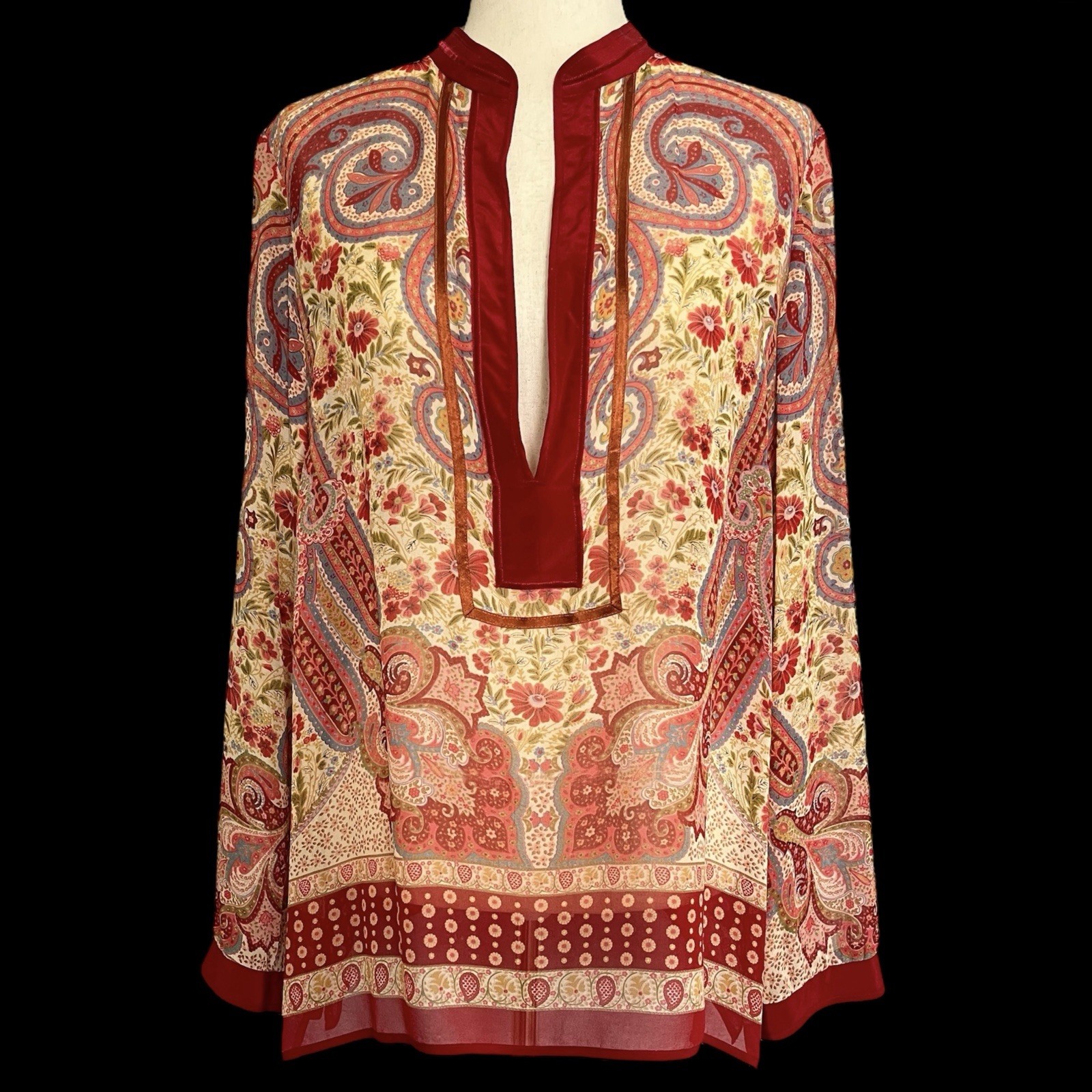 GAP Y2K Boho Velvet Trim Silk Tunic Top Size XL Eastern Hippie Festival Ranch