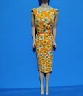 Vintage Look Dress For Barbie, Sheath With Gold Buttons, Orange With Flowers