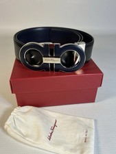 Salvatore Ferragamo Gancini Belt Black Leather Dark Blue Buckle