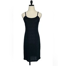 Vintage Black Knit Tank Dress Medium Spaghetti Strap Tight Stretch Gauze Texture