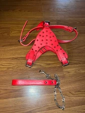 Spiked Studded Red Leather Large Dog Collar Harness Leash Set for Pitbull Boxer