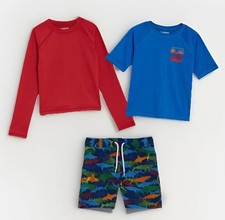 Lands End 3 Piece Swim Set Rash-Guard Trunks Boy's Size 4T Red Shark Print