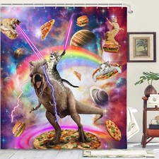 Funny Cat Shower Curtain Cool Cat Riding Dinosaur on Galaxy Space Cute Hila...