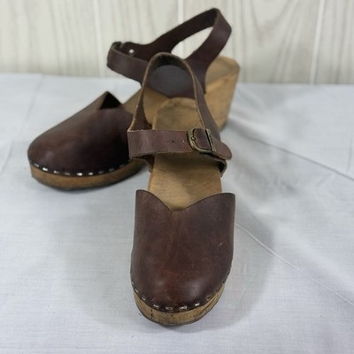 Anna Swedish Clogs Brown Leather Mules Sling Back Women's 7 Boho Hippie Buckle