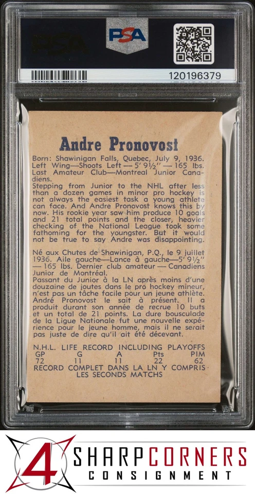 1957 PARKHURST #7 ANDRE PRONOVOST RC CANADIENS PSA 7 - Image 2 of 4