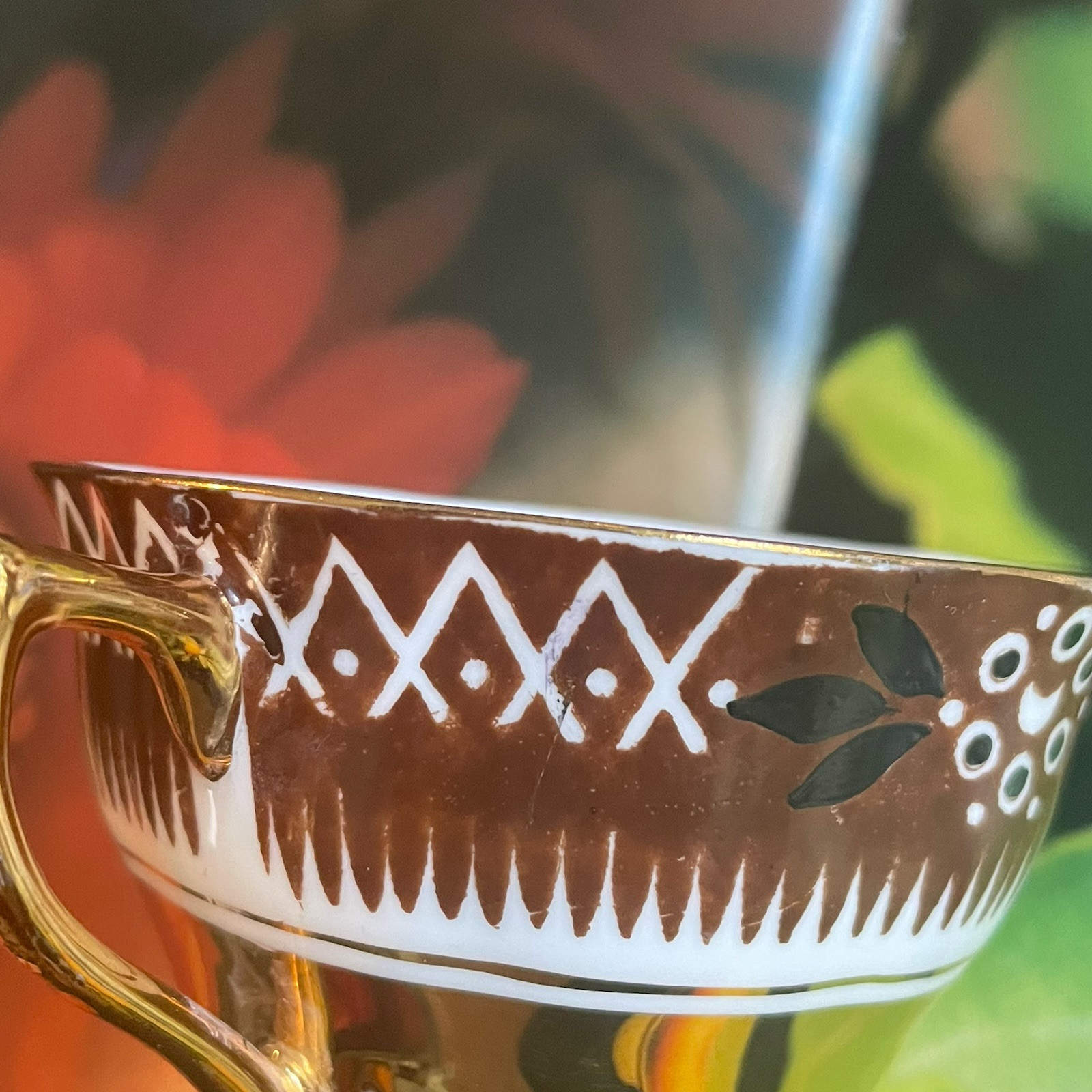 Rosina Bone China Hand Painted Brown & White Heavy Gold Cup & Saucer