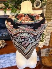 Vintage Floral Scarf Lillies Fleur de Lis  Extra Large Square  Black  Pink