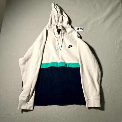 Nike Half-Zip Hoodie Sweatshirt Mens 2XL White Navy Fleece Lined Long Sleeve
