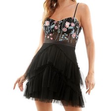 City Studio Floral Embroidered Tulle Party Cocktail Dress Black Jr Sz 9P NEW