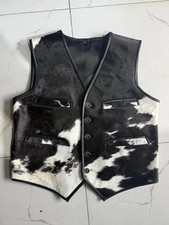 Men's Black White Cowhide Leather Vest Western Cowboy Biker Button Waistcoat