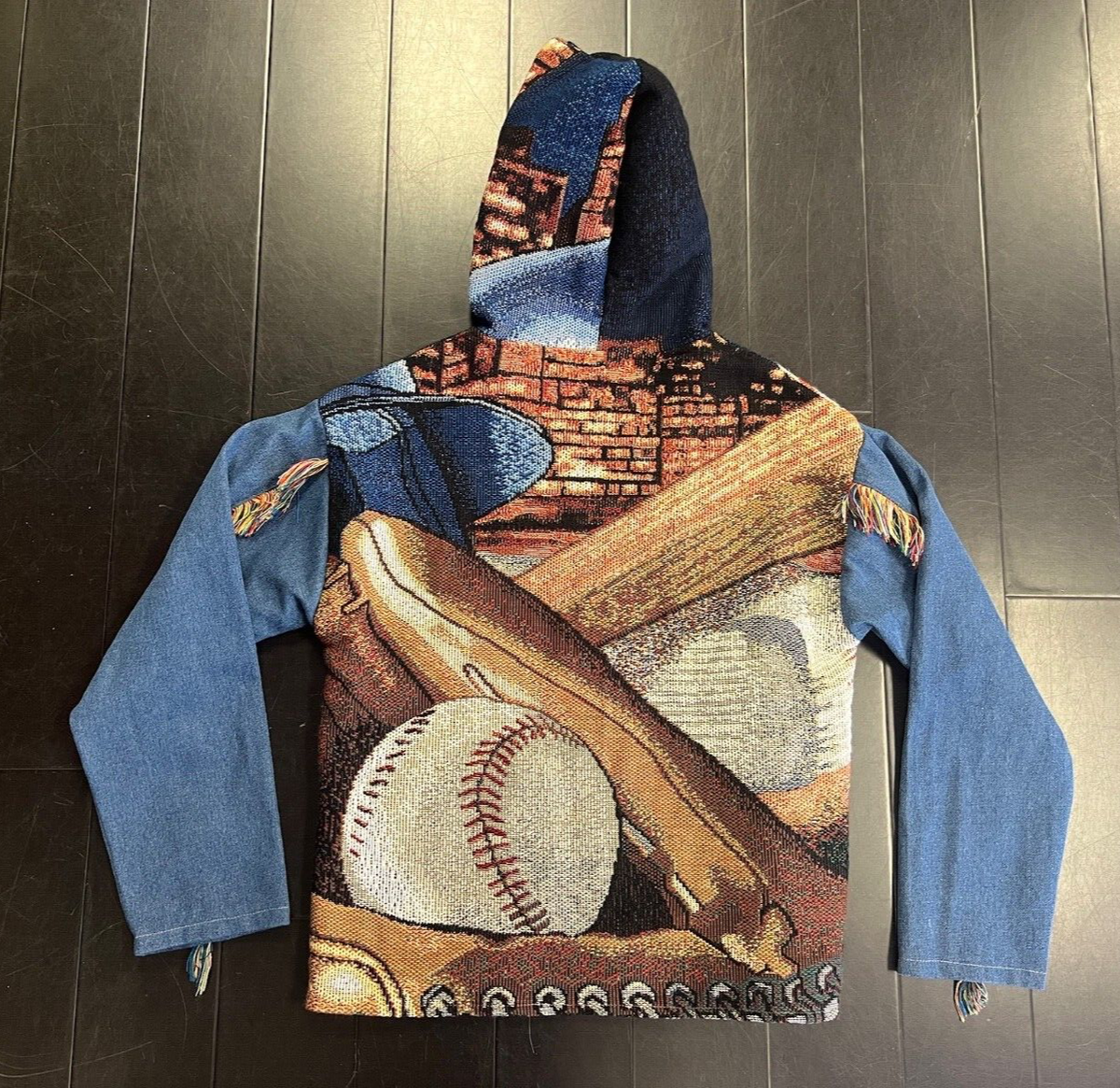 Reworked New York Mets Woven Tapestry Blanket Hooded Zip Up Fringe