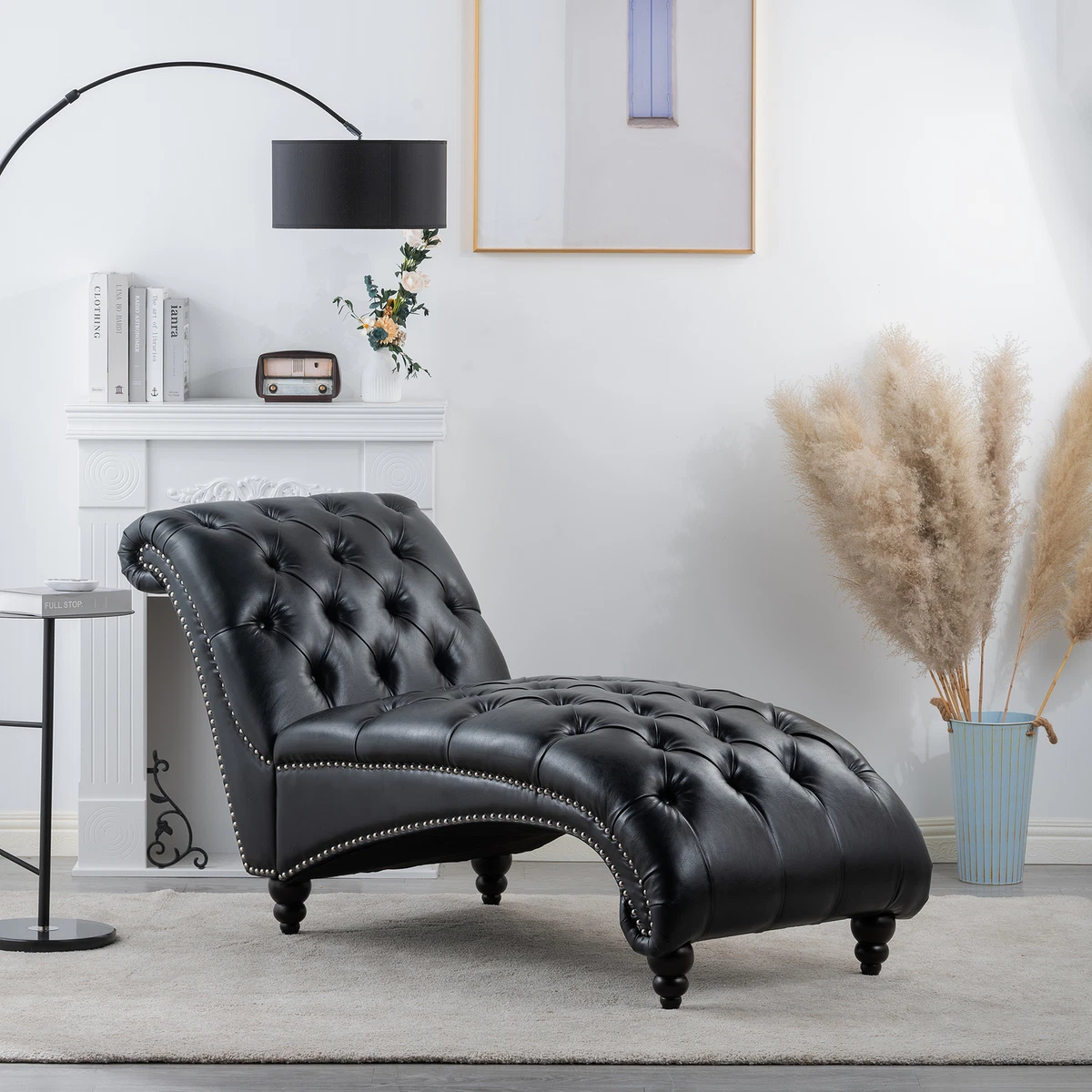 Black Chaise Lounge Chair Lounger Sofa Bedroom Living Room Tufted