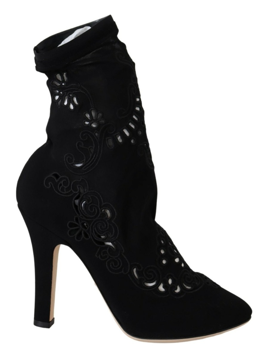 DOLCE GABBANA Shoes Black Stretch Pumps Boots Floral Lace RRP  $1400