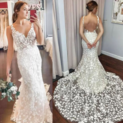 Mermaid Wedding Dresses Lace Appliques V Neck Backless Summer Beach Bridal  Gowns | eBay