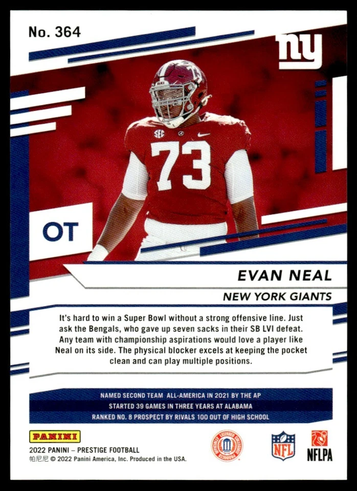 2022 Panini Prestige Xtra Points Green Evan Neal 075/249 New York Giants #364 - Image 2 of 2