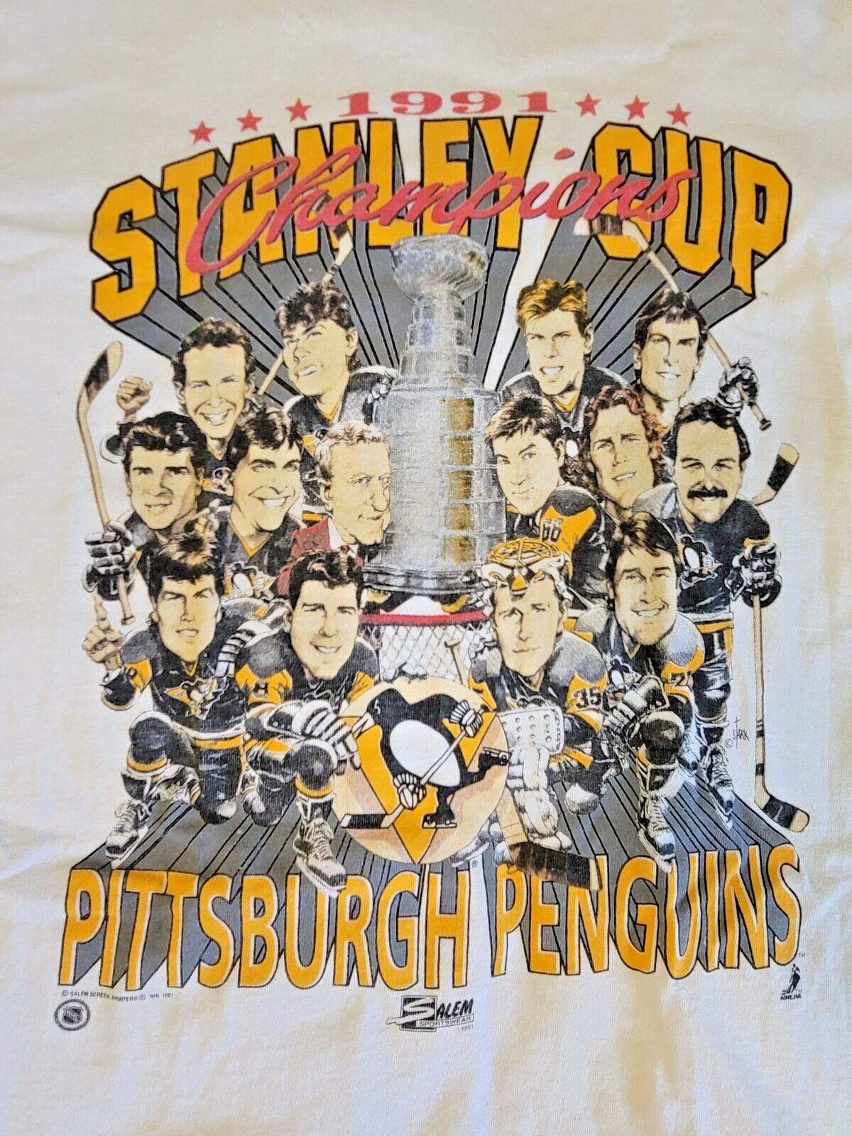 1991/92 Pittsburgh Penguins Stanley Cup Champions Salem Caricature NHL T  Shirt Size Large – Rare VNTG