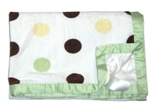 Kidsline White Green Brown Yellow Polka Dot Baby Blanket Satin Trim Back 30x40"