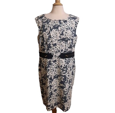 EMMA  & MICHELE Sleeveless Floral Print Zipper Trim Shift Dress Sz 16 Blk/Wht