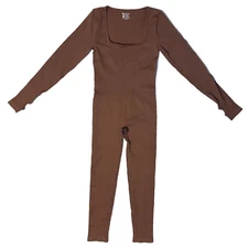 OQQ Women Yoga Jumpsuit S Workout Ribbed Long Sleeve square neck Sport Brown