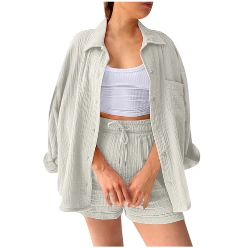Sommer Damen Musselin Bluse Shirt und Shorts Kleidung Set Strand Outfit Zweiteiler - Bild 7 von 45