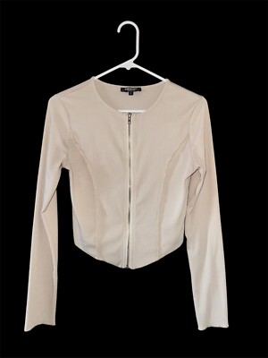 Shien Zip Up Seam Detail Hanky Hem Top Ribbed Biege Women's Size L