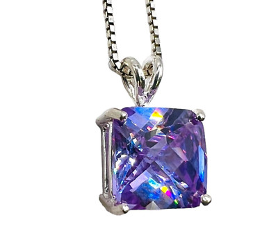 925 Sterlingsilber CZ lila Kissen Quadrat Anhänger Halskette mit Kette 20''