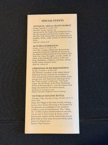 Richmondtown Restoration Calendar of Events Fall Winter 1991 Staten Island Vtg - Picture 2 of 2