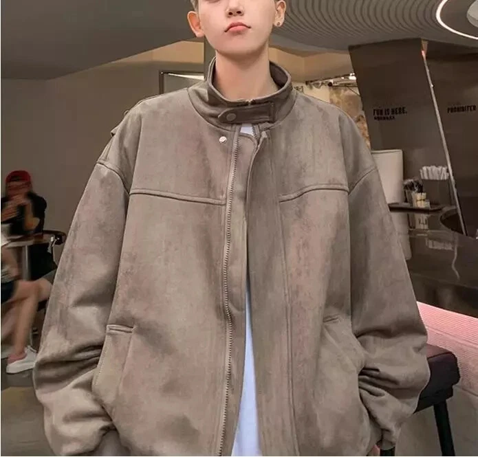 Nova Jaqueta de Motocicleta Masculina de Couro Genuíno Camurça Oversized Marrom Desgastada