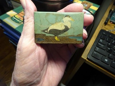 OLD ANTIQUE MATCHBOX HOLDER ''Eider Large Sea Duck'' HAND PAINTED FOLK ART