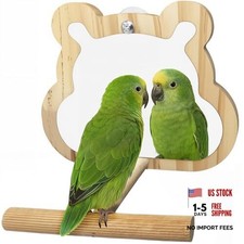Wooden Bird Mirror with Perch for Cage, Parakeet Toys, Budgie Interactive wood