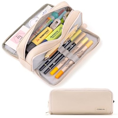  Large Capacity Pencil Case 3 Compartment Pouch Pen Bag for School Teen Beige
