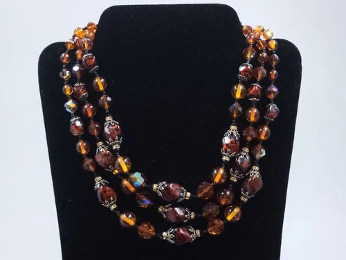 Vintage Vendome Costume Jewelry Beaded 3 Strand Layered Necklace (Brown & Amber)