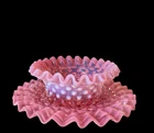 Fenton Cranberry Hobnail Ruffle Edge Glass Mayonnaise Set Bowl Plate
