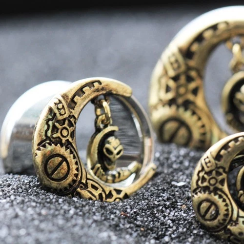 PAIR of Gold Plated Steam Punk Crescent Moon Tunnel Plug with Alien Dangle - Image 3 of 4