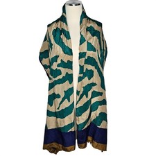 VTG Anne Klein for Vera 100 Silk Scarf Abstract Teal Blue Gold Made in Japan
