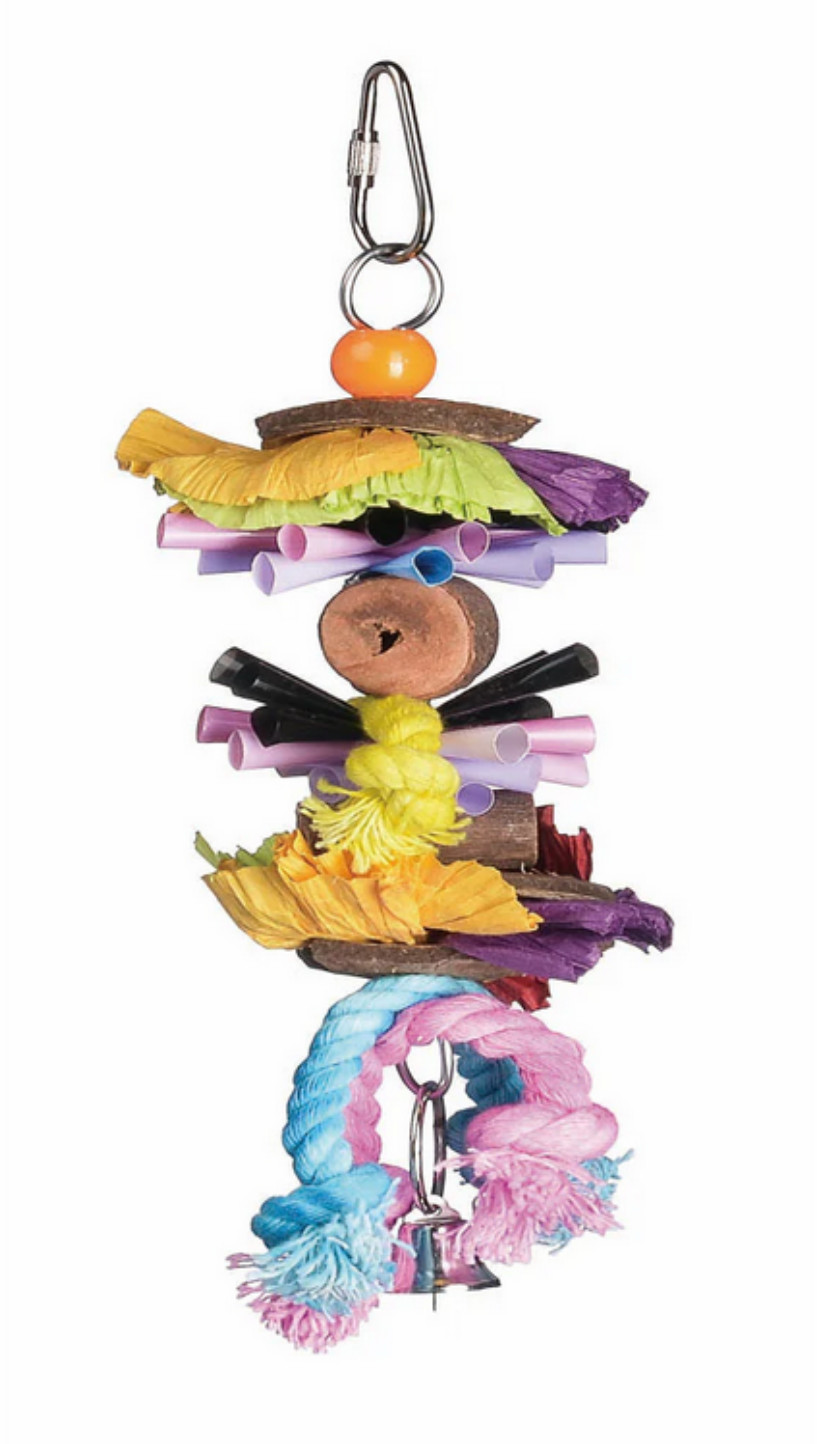SKY PETS PARTY TIME COLOURFUL ROPE BELL & STRAW HANGING BIRD CAGE TOY