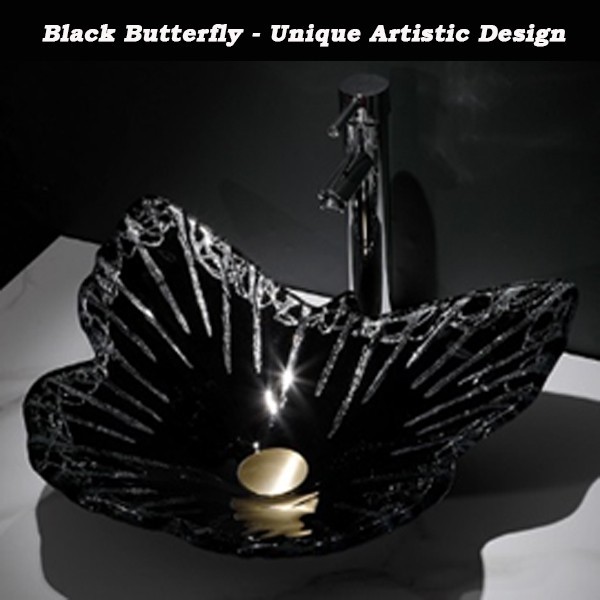 Black & Sparkling Silver Butterfly Shaped Bathroom Vanity Countertop Vessel Sink